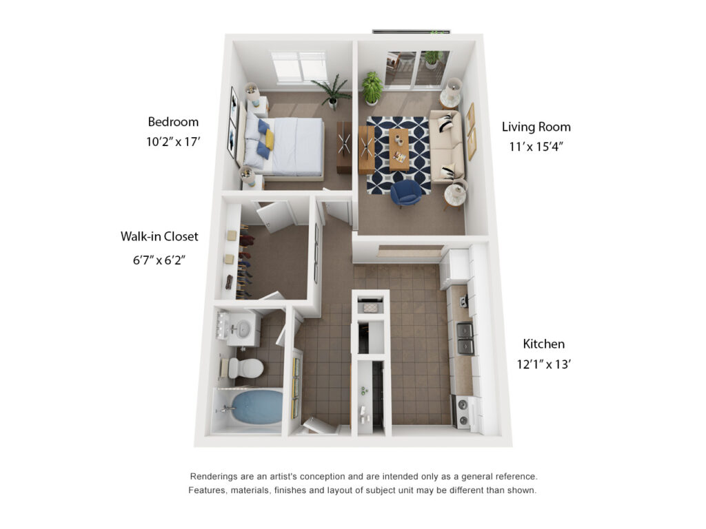 one bedroom apartment floor plan at Courtland Ridge in Saint Charles, MO.